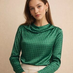 Zara Green Satin Polka Dot Long Sleeve Blouse